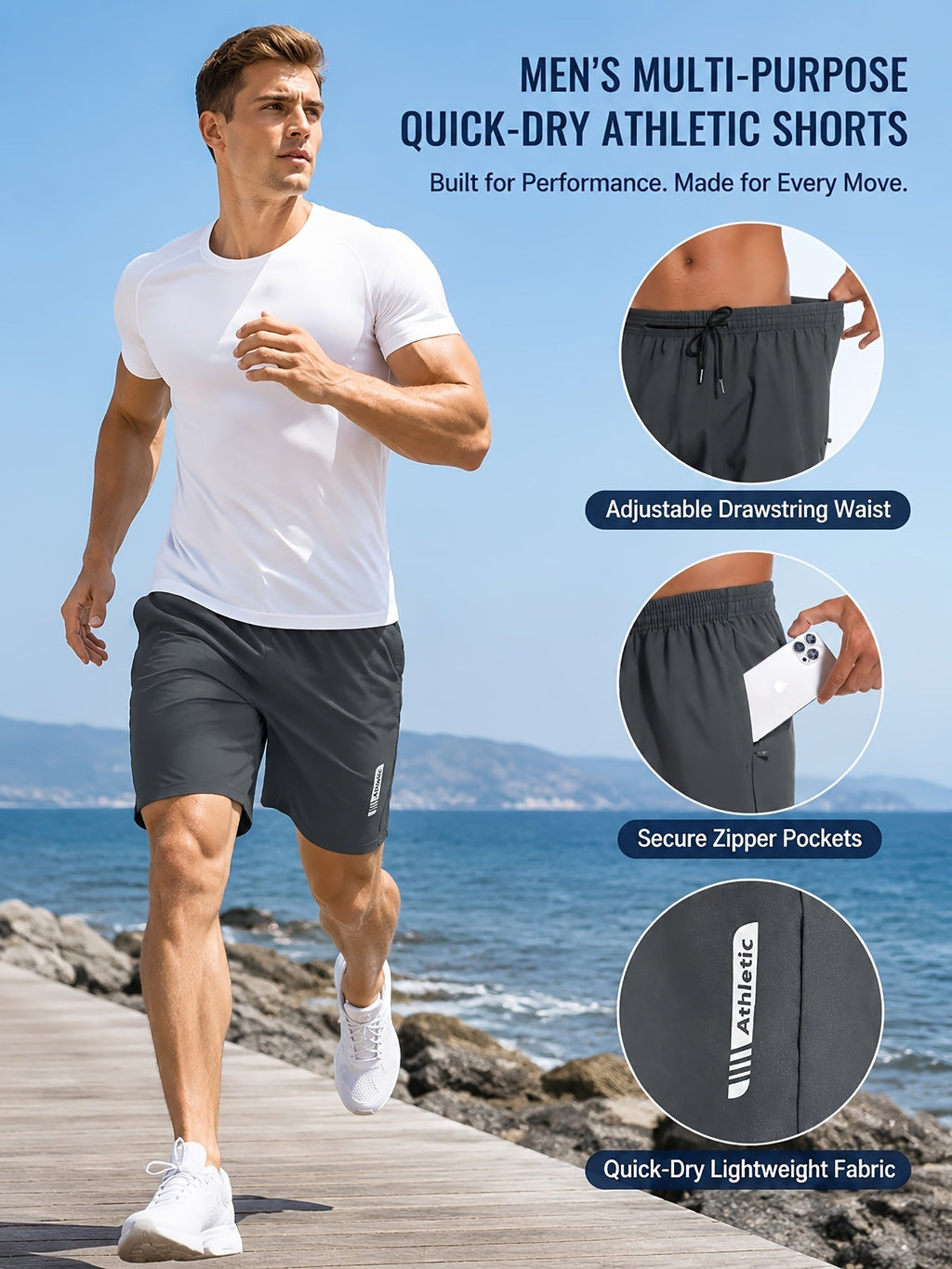 Men's Athletic Shorts 5-Pack Quick-Dry with Side Zip Pocket – 95% Polyester Stretch Waistband Gym Workout Basketball Running Hiking Activewear, Sizes S–XXL Mix Colors