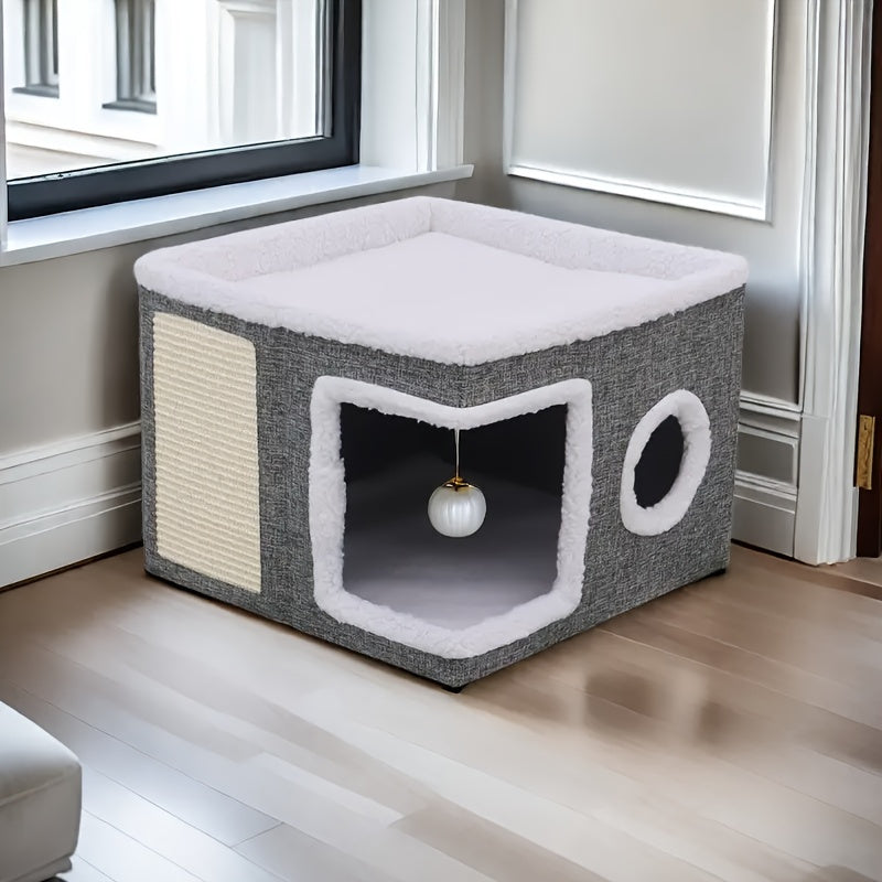 Foldable Multi-Layer Cat House with 2-Tier Bed Toy Tunnel Scratching Post Plush Hanging Ball Cozy Mat Indoor Cat Cube Enclosure Nylon Frame Canvas All-Season Cat Furniture for Indoor Cats