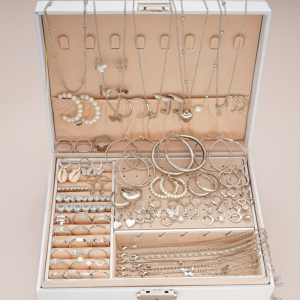 108pcs Women Jewelry Set Vintage Butterfly Heart Rhinestone Necklace Bracelet Anklet Ring Earrings Bundle Multi-Layer Chains Silver Fashion Jewelry Gift for Her
