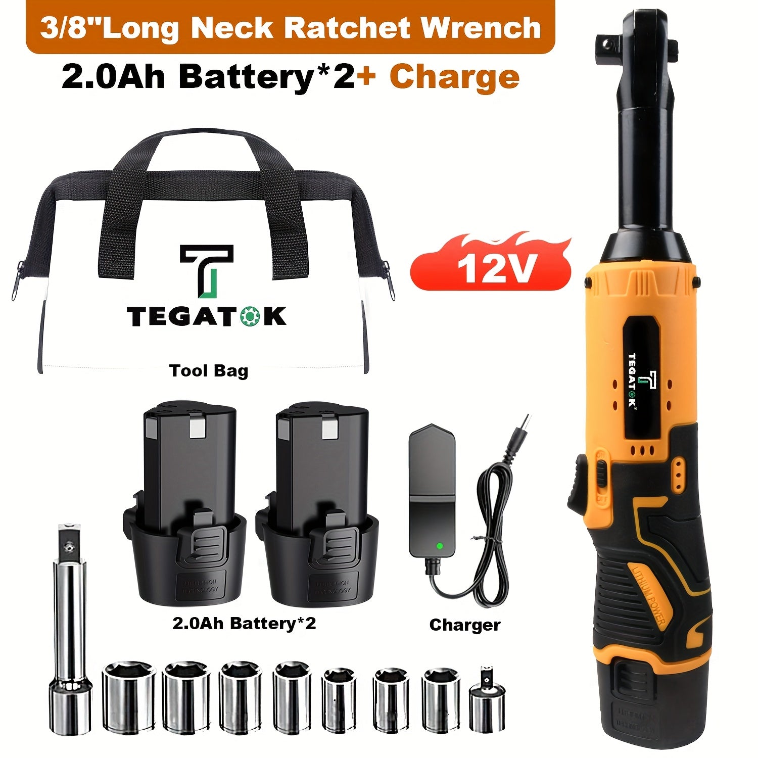 12V Cordless Ratchet Wrench Set 3/8 Drive 40 Ft-lbs Variable Speed – Fast Charge Lithium-Ion 7 Sockets for Automotive Repair DIY & Home Maintenance