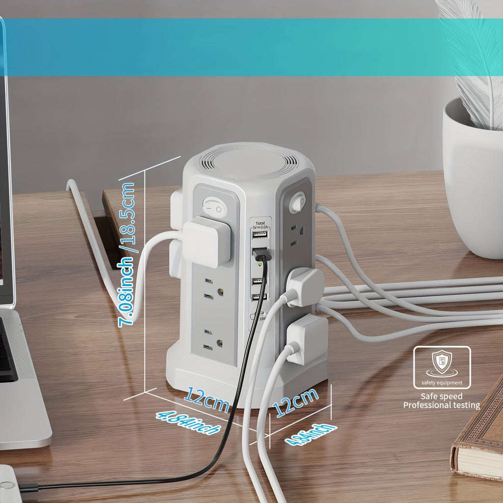 Tower Surge Protector Power Strip 12 Outlets 5 USB Ports PD 18W USB-C Fast Charging 10FT Extension Cord 1800J Surge Protection 4 Independent Switches Home Office Desk Dorm Room Vertical Design