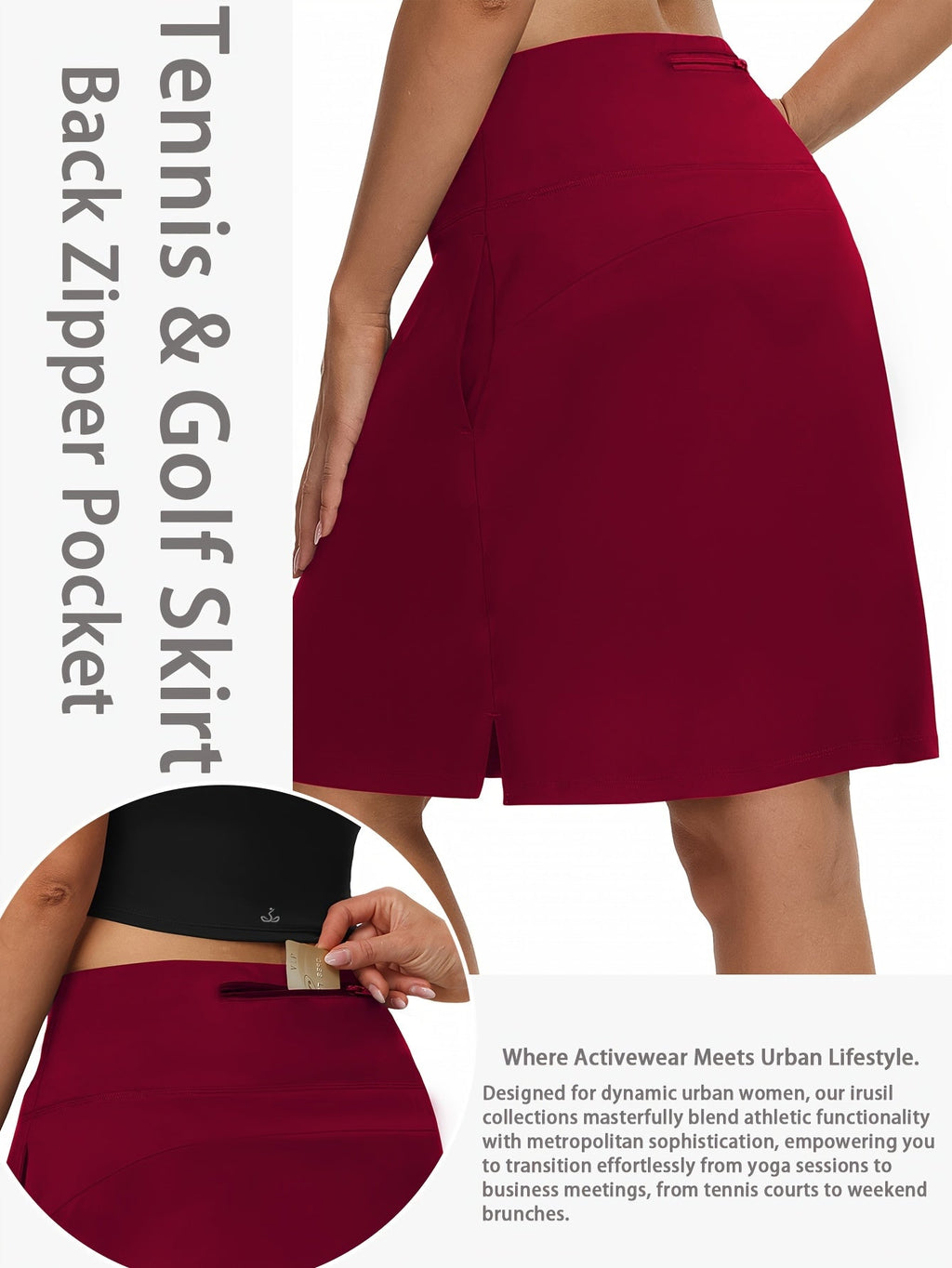 Women's 20-Inch Knee Length Skorts with 5 Pockets – High Waist Built-In Shorts Athletic Skirt for Tennis Golf Pickleball Hiking Casual Wear, Sizes S-XXL, 5 Colors Black White Navy Sky Blue Deep Red