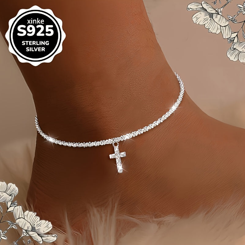S925 Sterling Silver Cross Anklet Women – Synthetic Diamond Bohemian Beach Vacation Jewelry Adjustable Clasp Casual Outfit Accessory Gift for Valentine's Day Mother's Day Birthday