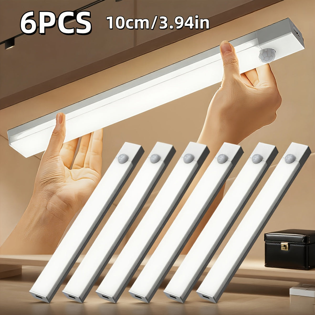 USB-C Rechargeable LED Motion Sensor Cabinet Lights 3 & 6 Pack – Wireless Magnetic Under Cabinet Night Light with 3 Modes for Kitchen, Closet, Stairs, Hallway & Bathroom, 10cm/20cm/30cm