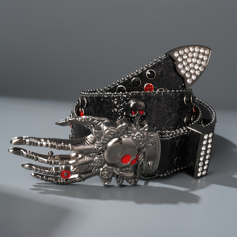 Unisex Punk Skull Belt – Rhinestone-Embellished Faux Leather with Zinc Alloy Skull Buckle, Bold Statement Fashion Accessory for Halloween, Parties & Daily Wear, 5 Colors Available