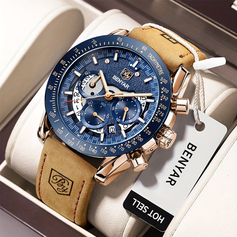 BENYAR Men's Analog Quartz Chronograph Watch Luminous Big Face Dial – Business Sport Casual Designer Dress Wristwatch, Elegant Gift for Men Boyfriend Dad Husband Birthday Anniversary