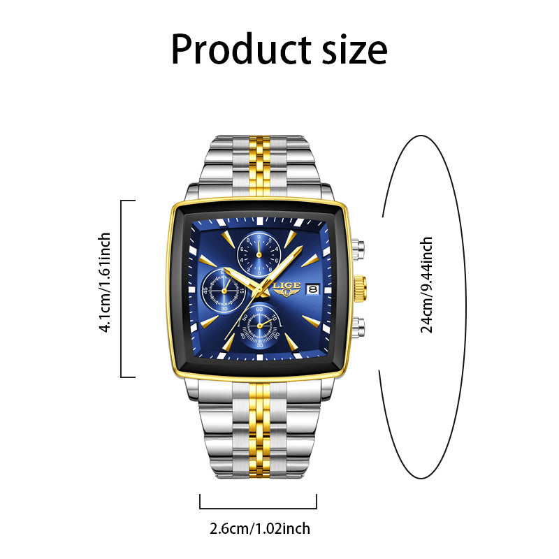LIGE Men's Square Quartz Watch Stainless Steel Strap Calendar Display – Preppy Sport Fashion Wristwatch 8 Colors Rose Gold Black Blue, Birthday Graduation Gift for Men Teens