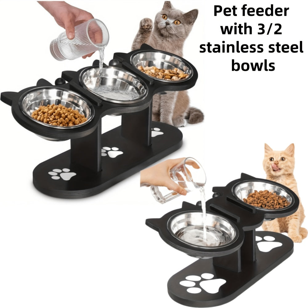 Elevated Cat Bowl Stand 15 Degree Tilted Stainless Steel Bowls Raised Feeder Cats Small Dogs Anti-Spill Black Wooden Base Set of 2 or 3 Bowls Food Water Ergonomic Posture