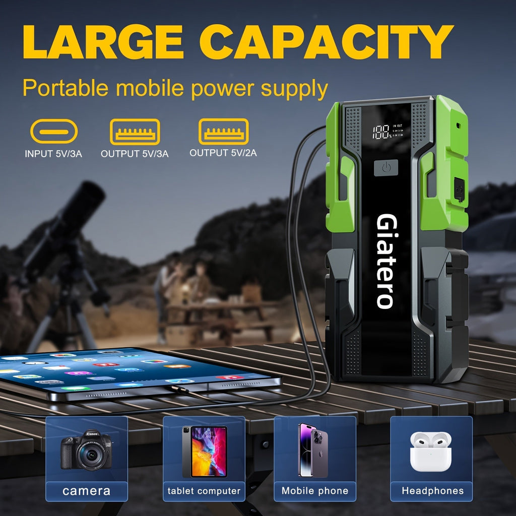 12V Portable Car Jump Starter with Built-In Air Compressor Tire Inflator – Emergency Battery Booster for Gas (3.7 Gal) & Diesel (3.17 Gal) Engines, Trucks & Cars Emergency Starter Power Supply
