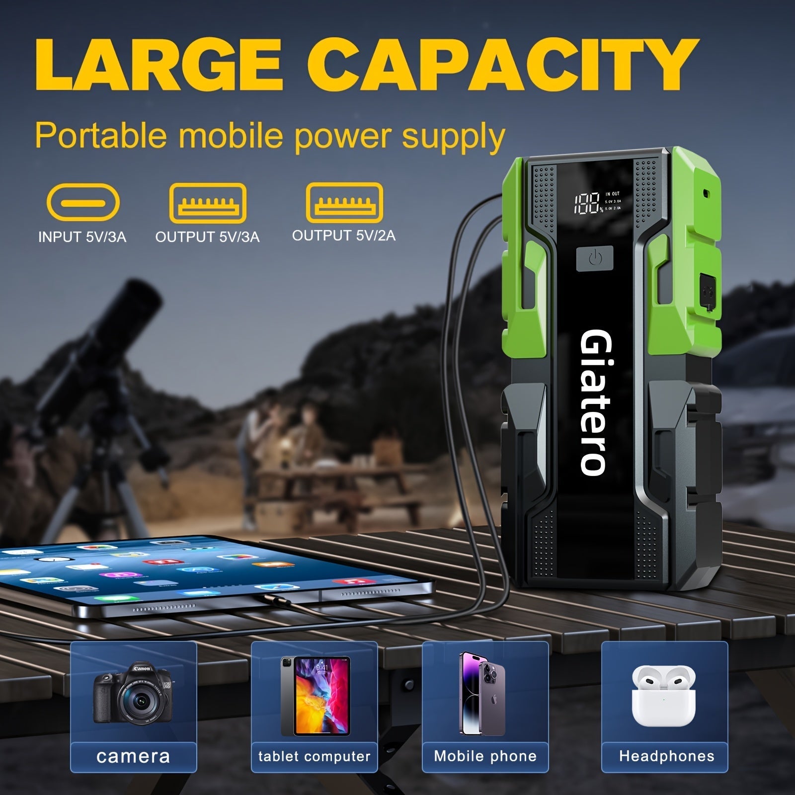 12V Portable Car Jump Starter with Built-In Air Compressor Tire Inflator – Emergency Battery Booster for Gas (3.7 Gal) & Diesel (3.17 Gal) Engines, Trucks & Cars Emergency Starter Power Supply