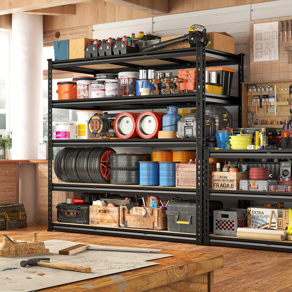 Heavy Duty 5-Tier Metal Garage Shelving Unit 2000 LBS – Adjustable Steel Storage Shelf Rack 60–72 Inch for Garage, Basement, Pantry, Kitchen & Warehouse, Tool-Free Assembly, Black
