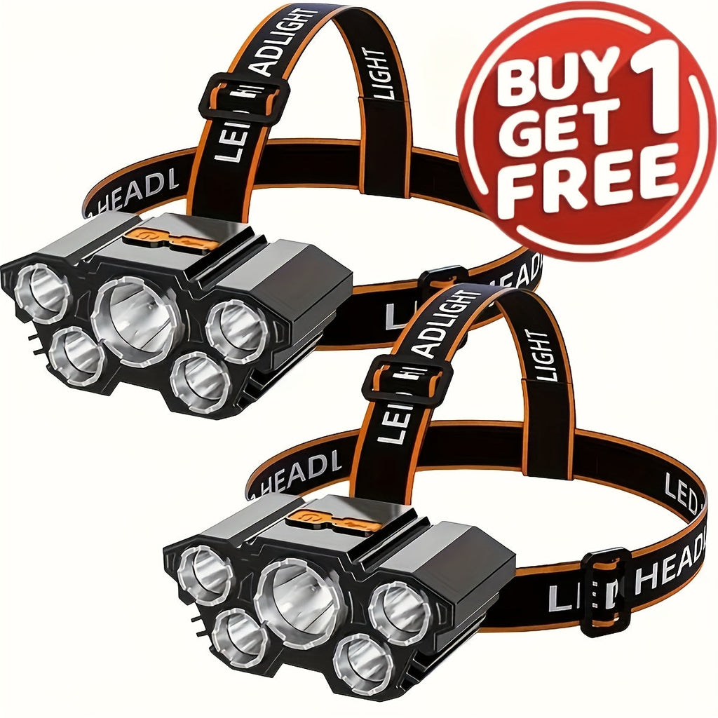 2-Pack LED Headlamp USB Rechargeable – 5 LED, Lithium Battery, IPX3 Waterproof, 4 Lighting Modes, ABS Matte Finish – Camping, Hiking, Fishing & Emergency Headlight