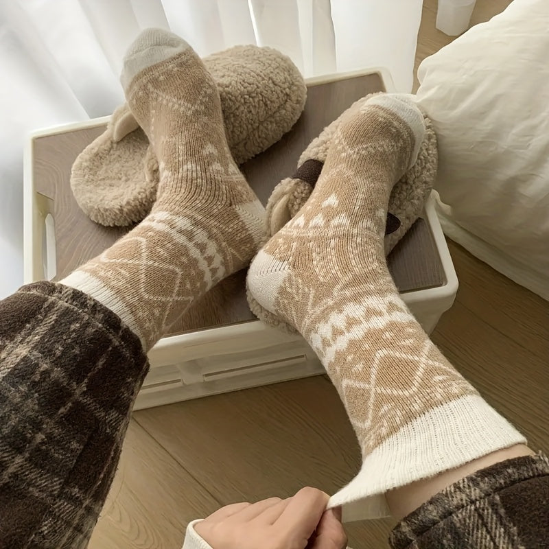 Women's Thermal Winter Socks 5 Pack Fluffy Warm Mid-Calf – Cozy Cold Weather Socks with Ethnic Rhombus Pattern, Soft Fabric for Outdoor Commuting & Everyday Wear, Multi-Color