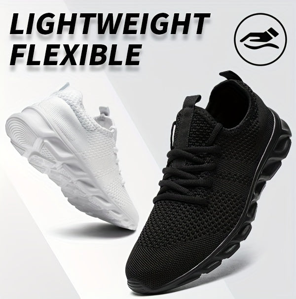 Men's Lightweight Knit Mesh Sneakers EVA Blade Sole Low-Top Lace-Up – Breathable Running Walking Gym Shoes in White Red Black All-Season US Sizes 6 to 13.5