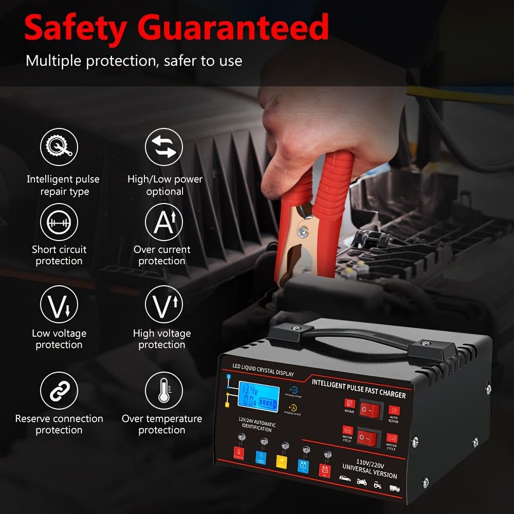 Smart Universal Battery Charger 12V 24V with LCD Screen Pulse Repair Trickle Maintainer for Car Truck Motorcycle Boat Lawn Mower Harvester – Automatic Temperature Regulation