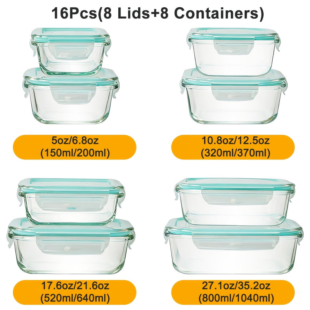 Glass Food Storage Containers with Lids 16-Piece Set (8 Containers + 8 Lids), Airtight Meal Prep Containers Microwave Oven Freezer Safe, Lunch Boxes for Salads Fruits Vegetables Sandwiches Leftovers