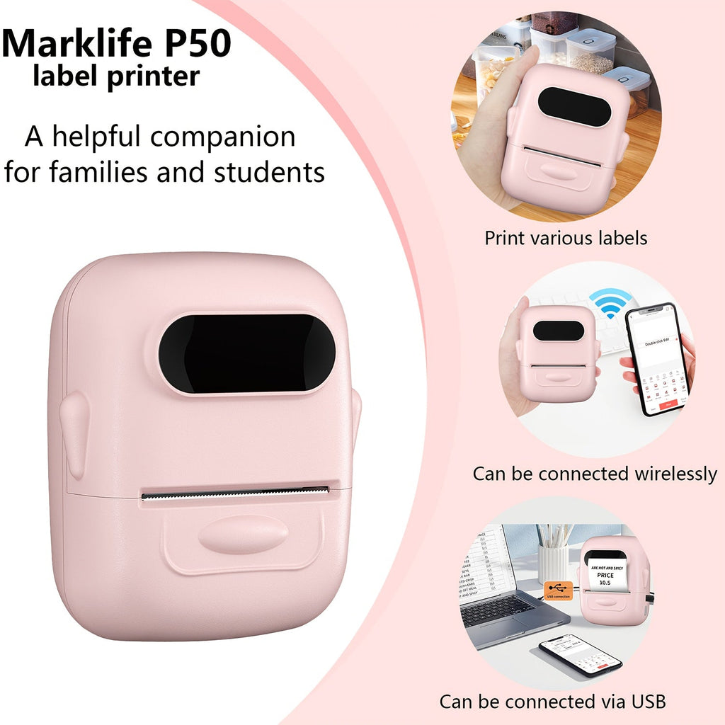 Bluetooth Wireless Thermal Label Maker – No Ink Required, Multiple Templates, Portable Label Printer for Home Office School Storage Organization, Pink White Blue