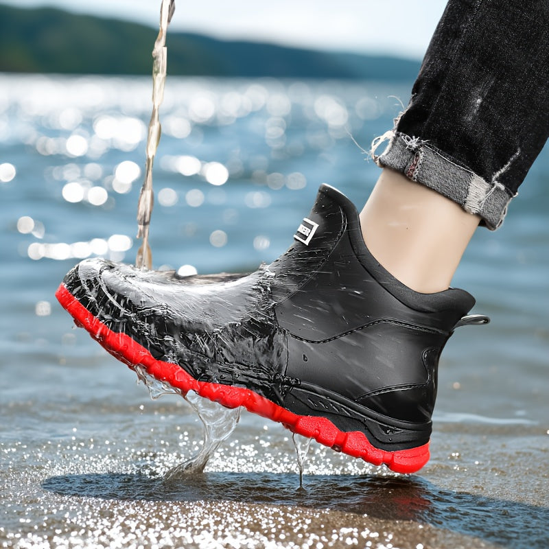 Lightweight Non-Slip Short Ankle Rain Boots for Men and Women Cushioned Insoles Breathable Lining Textured Anti-Slip Sole Fashionable Unisex Couple Rain Boots for Car Washing Outdoor Activities Black Beige US 5.5-12