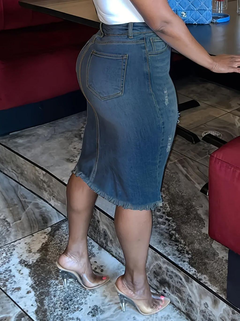 Vintage High-Waisted Denim Midi Skirt Women Stretch Raw Hem Distressed Look Machine Washable Non-Transparent Sea Blue XS-XXL Spring Summer Fall