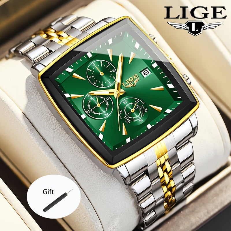 LIGE Men's Square Quartz Watch Stainless Steel Strap Calendar Display – Preppy Sport Fashion Wristwatch 8 Colors Rose Gold Black Blue, Birthday Graduation Gift for Men Teens