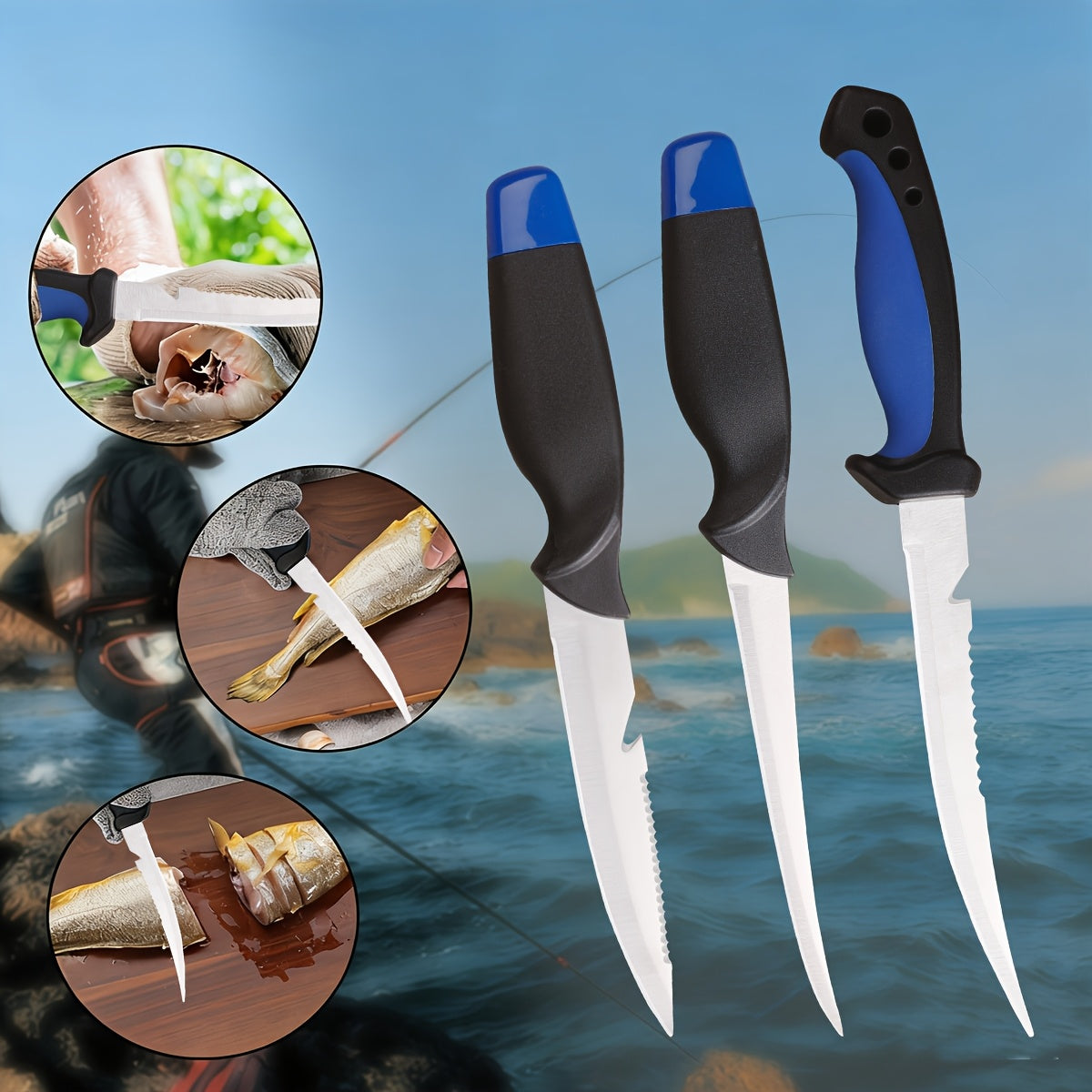 Fishing Knife Set 3 Piece Stainless Steel Fillet Boning Gutting Knives for Anglers & Campers – Includes Cut Resistant Gloves, Line Cutter & Cord, Unique Fishing Gift for Men & Dad
