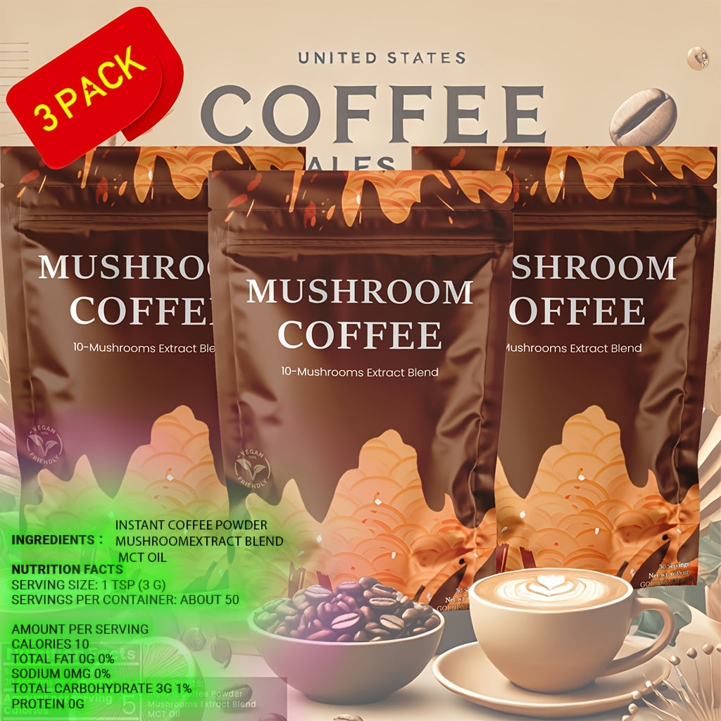 Mushroom Coffee 10 Adaptogenic Mushrooms MCT Oil USA Grown Instant - Lion's Mane Turkey Tail Shiitake 6.35oz No Jitters Keto Vegan Friendly Available in 1 3 & 6 Pack