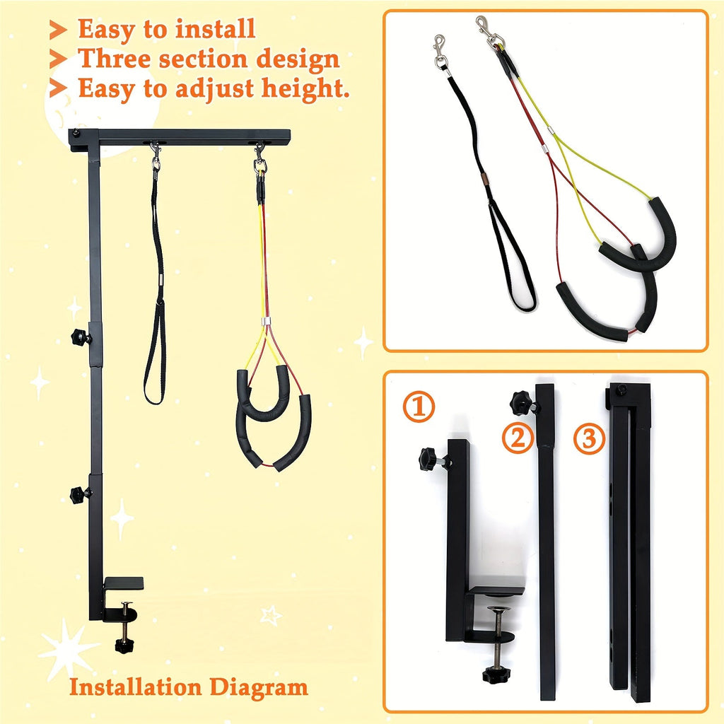 Dog Grooming Arm with Clamp 36 Inch Adjustable Heavy-Duty Iron No-Sit Haunch Holder 3-Section Design Small Medium Dogs Cats Colorful Positioning Ropes Professional Pet Grooming