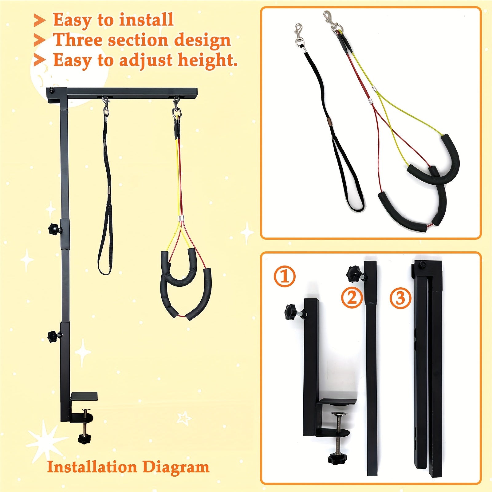 Dog Grooming Arm with Clamp 36 Inch Adjustable Heavy-Duty Iron No-Sit Haunch Holder 3-Section Design Small Medium Dogs Cats Colorful Positioning Ropes Professional Pet Grooming