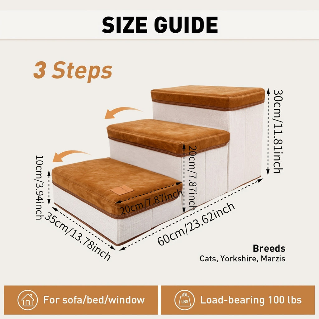 3-Tier Foldable Dog Stairs for Small Dogs Non-Slip Nylon Pet Ramp for High Beds Sofas Compact Foldable Brown White Includes Bonus Plush Toy