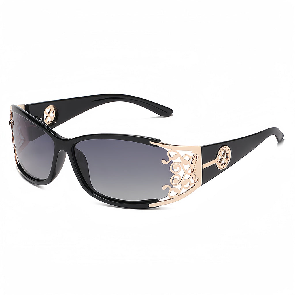 Polarized Sunglasses Women Oversized Square Frame UV400 Hollow Carved Temple – Retro Vintage Fashion Shades Driving Beach Outdoor, Ladies Eyewear Gift Black Blue Purple
