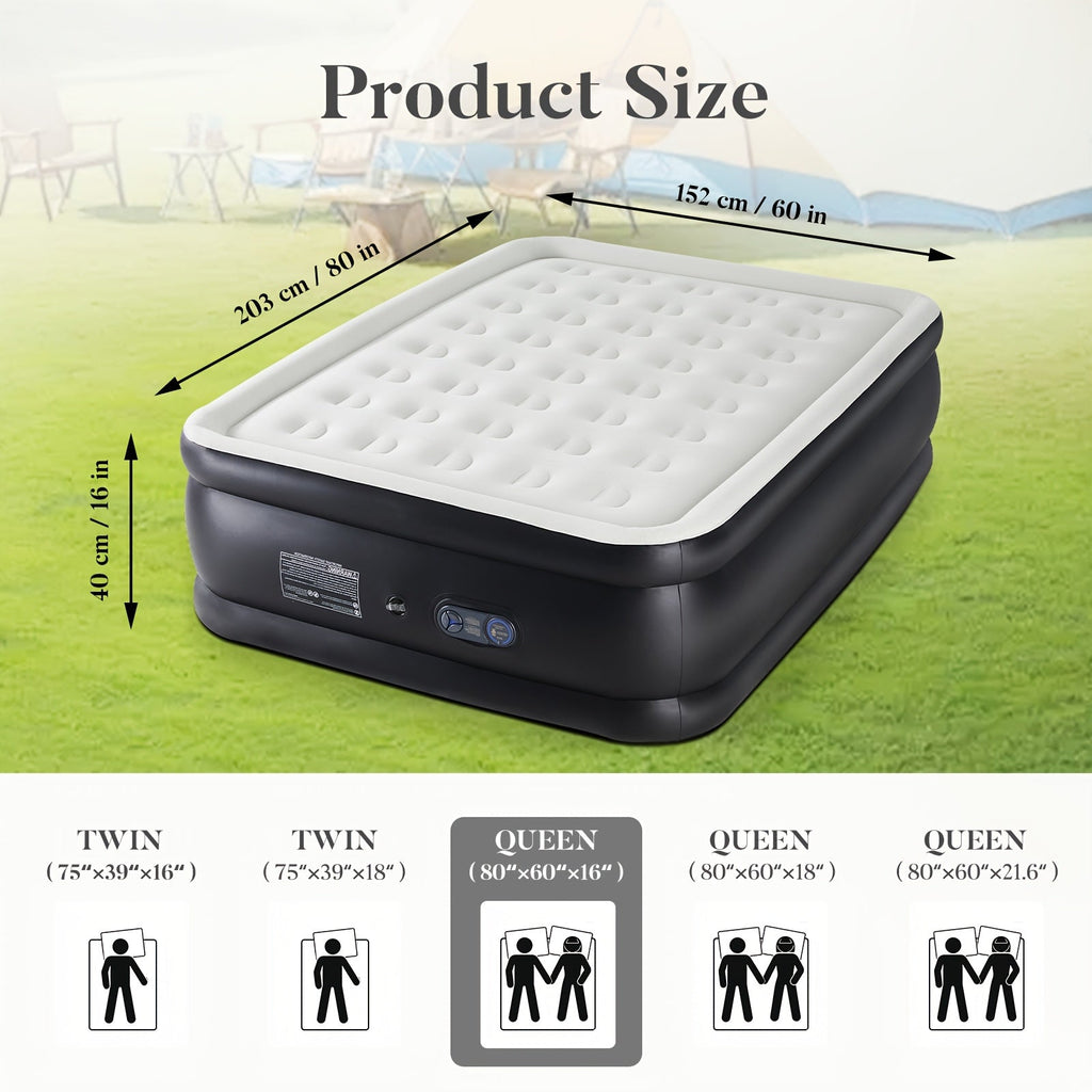 Inflatable Air Mattress with Built-In Pump – Double Height Blow-Up Airbed 16"/18"/21" Thick, 660 Lbs Capacity, Non-Slip Bottom – for Home, Guest Room, Camping & Outdoor Use