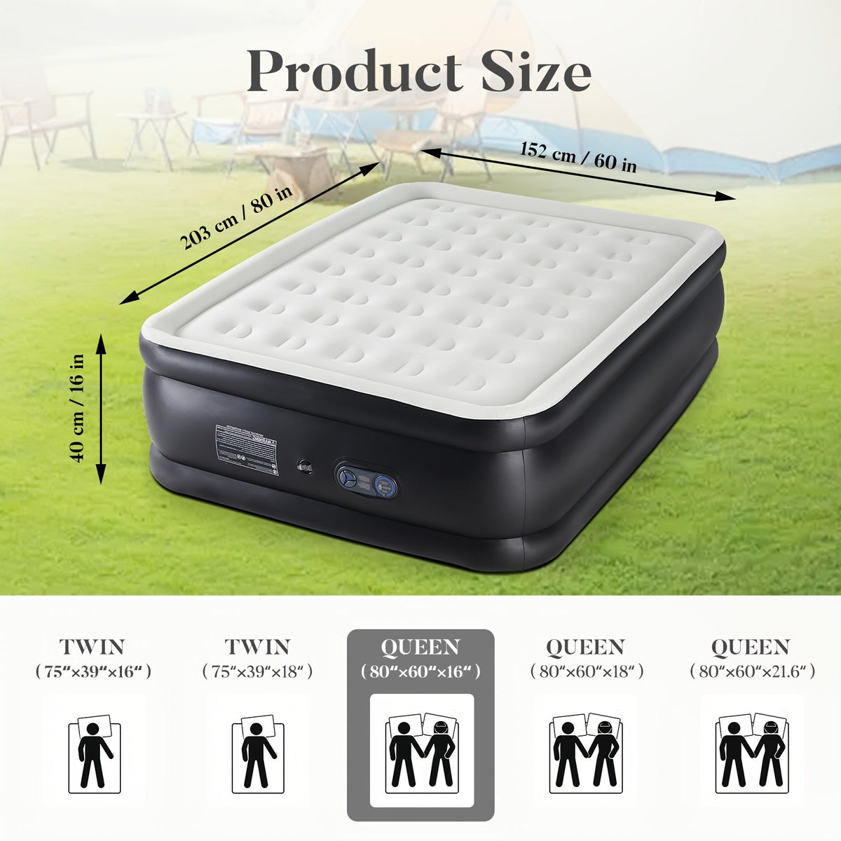 Inflatable Air Mattress with Built-In Pump – Double Height Blow-Up Airbed 16"/18"/21" Thick, 660 Lbs Capacity, Non-Slip Bottom – for Home, Guest Room, Camping & Outdoor Use