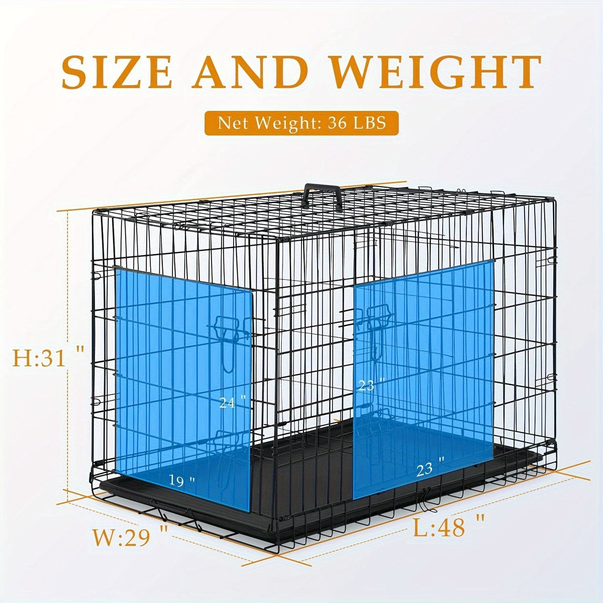 Double Door Folding Metal Dog Crate 42 48 Inch with Divider Leak-Proof Tray High-Temp Paint Finish Wire Kennel Puppy Medium Large Dogs Indoor Outdoor Black Blue Pink