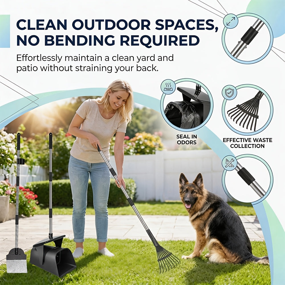 Heavy Duty Dog Pooper Scooper Set with Swivel Bin, Rake & Spade – Long Handle No-Bend Pet Waste Removal for Grass, Dirt & Gravel, 40 Waste Bags Included, Large Dogs