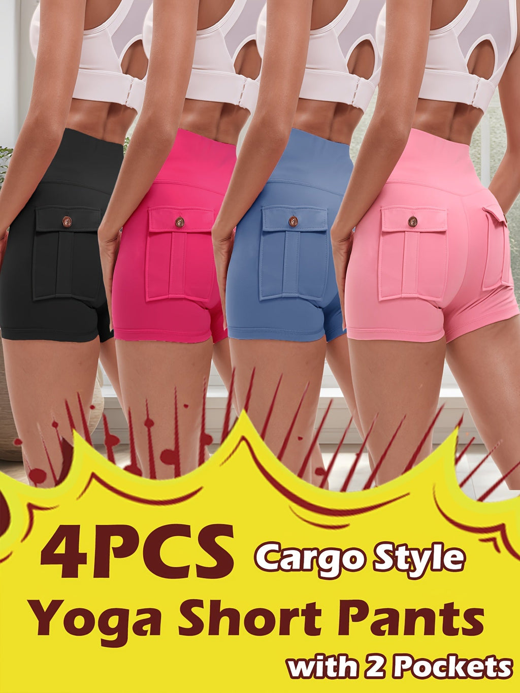 Women's Yoga Shorts 4 Pack High-Stretch Hip Lifting Quick-Dry – Fitness Athletic Shorts with Elastic Waist & 2 Pockets for Gym Running Pilates, Solid Color Set S-XXL