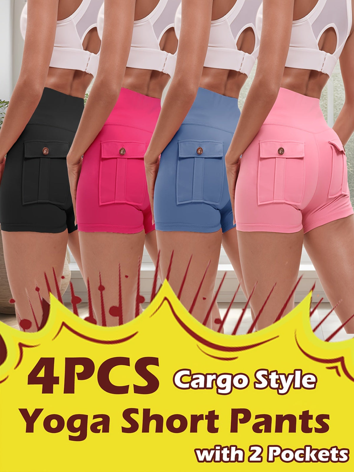 Women's Yoga Shorts 4 Pack High-Stretch Hip Lifting Quick-Dry – Fitness Athletic Shorts with Elastic Waist & 2 Pockets for Gym Running Pilates, Solid Color Set S-XXL