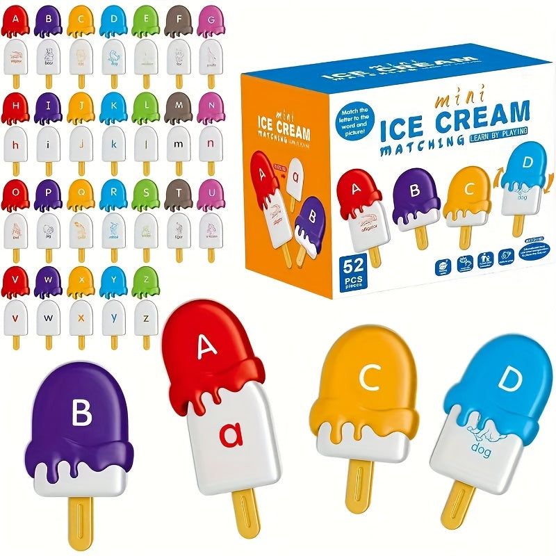 Ice Cream Preschool Learning Toy Set 52 Pieces Counting Color Sorting Stacking ABC Uppercase Lowercase Letters Montessori Educational Toy for Toddlers Preschoolers Ages 3 and Up Birthday Gift