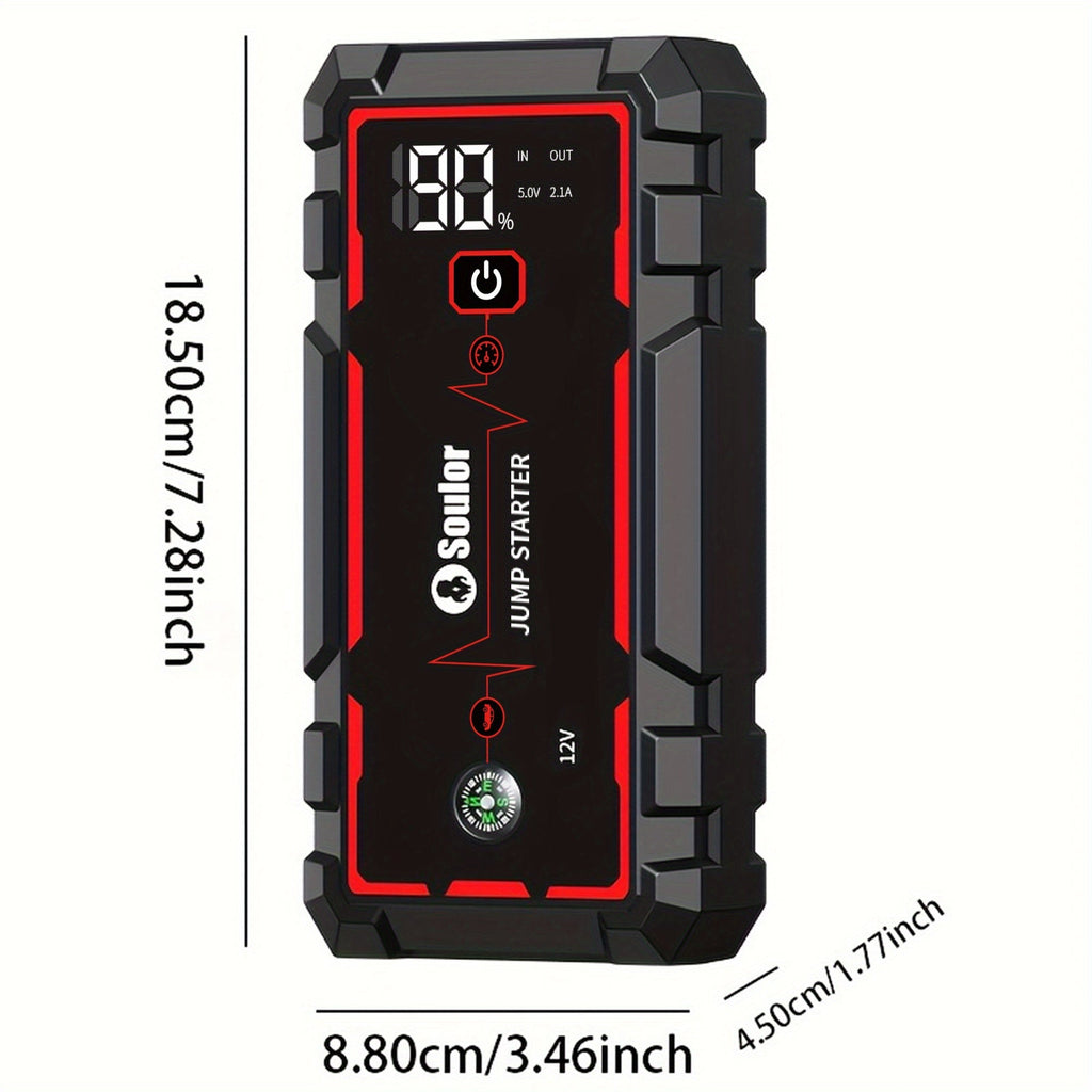 Portable Car Jump Starter 3000A-6000A – 12V Lithium Battery Booster Pack, Dual USB QC 3.0 Fast Charging Power Bank, LED Light & Compass, Fits All Gas Engines