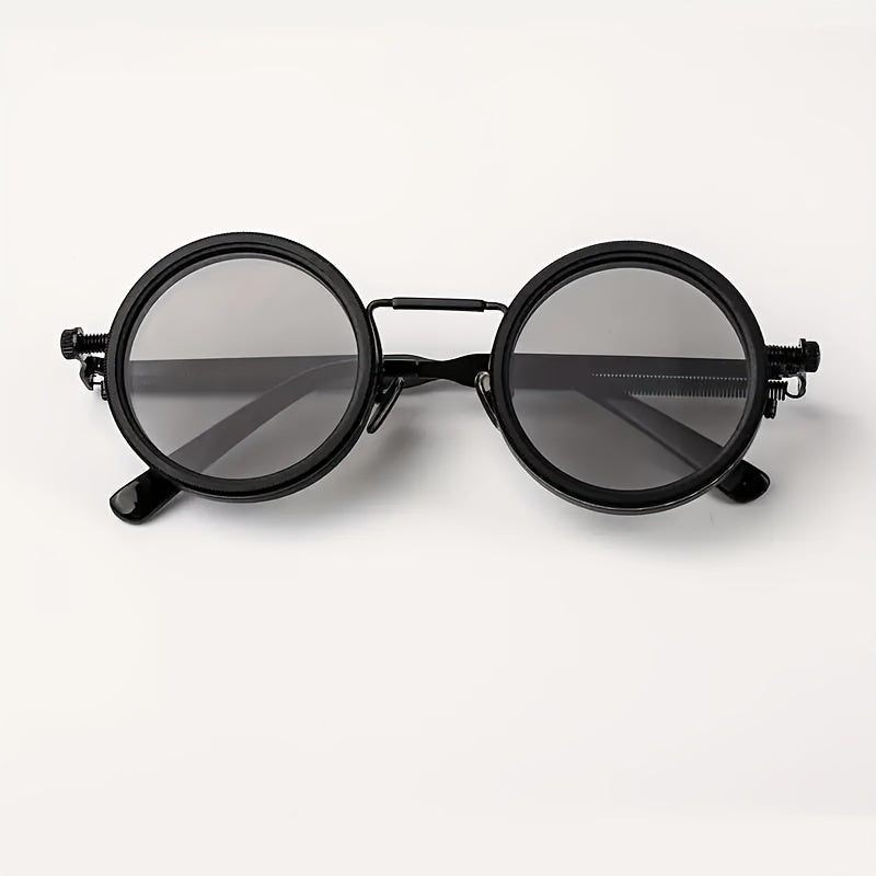 Industrial Punk Rotating Glasses – Black Round Frame TAC Lenses Adjustable Spring Temples Vintage Steampunk Eyewear Casual Formal Edgy Fashion Cosplay Festival