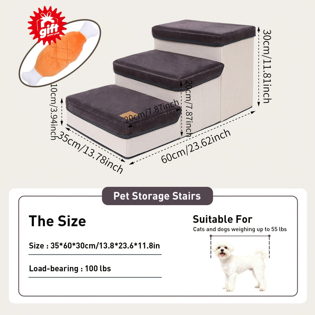 3-Tier Foldable Dog Stairs for Small Dogs Non-Slip Nylon Pet Ramp for High Beds Sofas Compact Foldable Brown White Includes Bonus Plush Toy