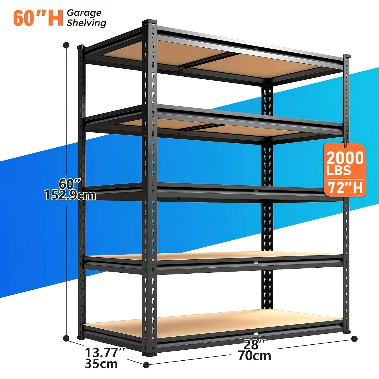 Heavy Duty 5 Tier Metal Shelving Unit 2000 LBS 60 Inch Adjustable Steel Storage Rack – Freestanding Garage Shelves for Basement, Pantry, Closet & Utility Room