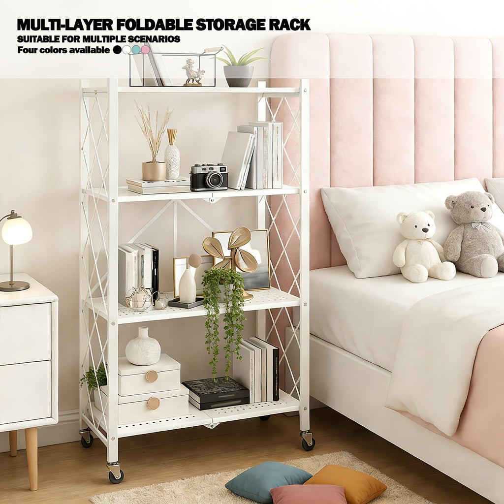 Heavy Duty Folding Storage Rack with Wheels – 3/4/5-Tier Portable Floor-Standing Shelf, No Assembly Required, for Home, Office, Bedroom & Dorm, 4 Colors Available