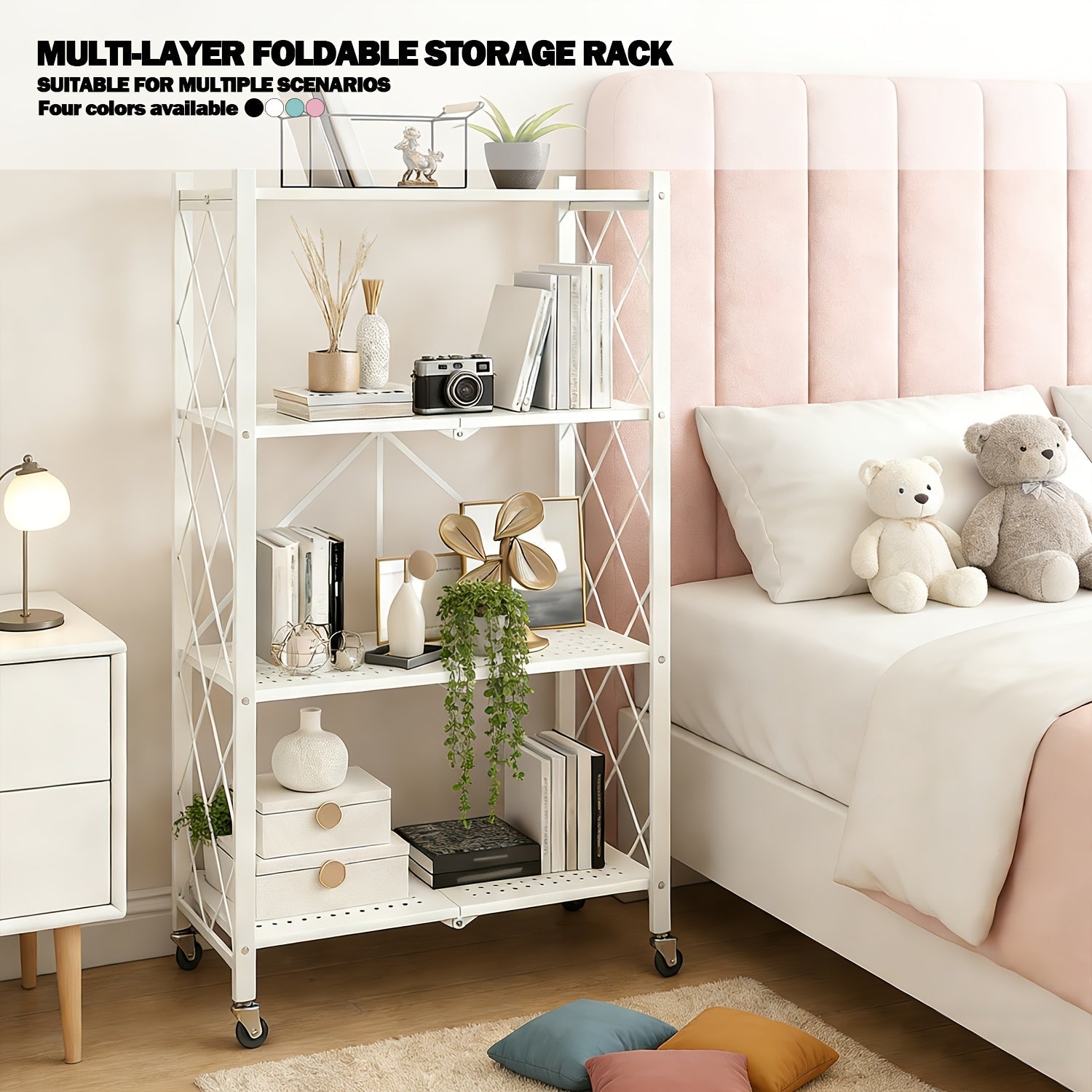 Heavy Duty Folding Storage Rack with Wheels – 3/4/5-Tier Portable Floor-Standing Shelf, No Assembly Required, for Home, Office, Bedroom & Dorm, 4 Colors Available