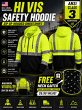 High Visibility ANSI Class 3 Type R Reflective Safety Hoodie Zip-Up Fleece Sweatshirt for Men Women Construction Workwear with Neck Gaiter Fluorescent Yellow