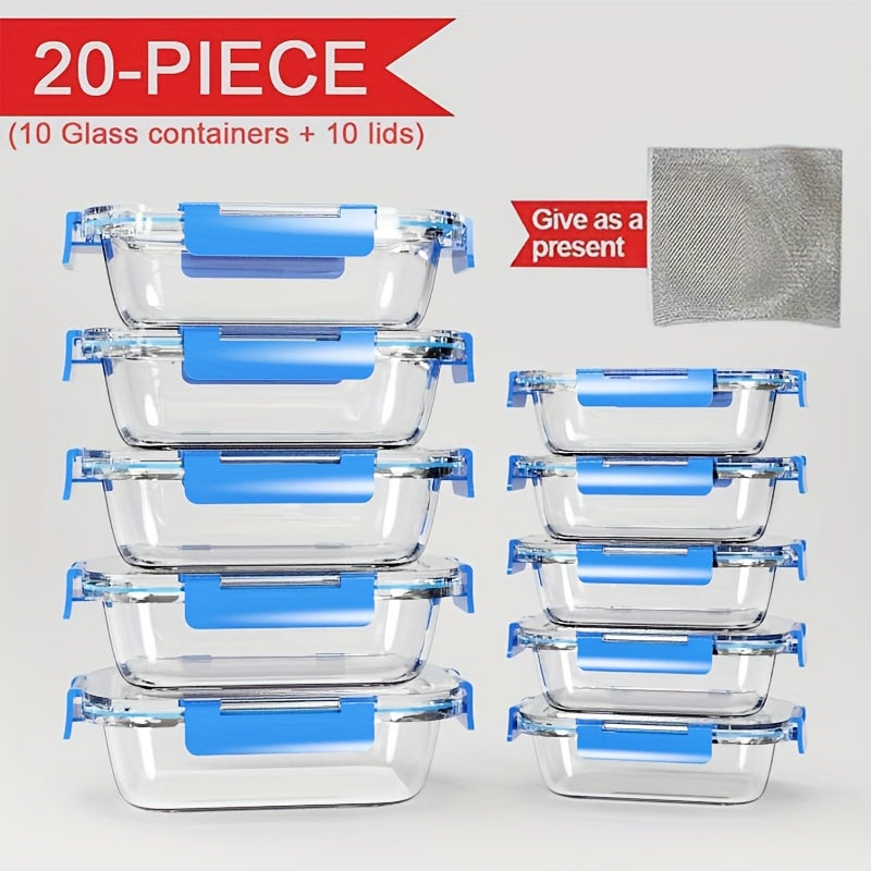 Glass Food Storage Containers with Lids 20 Piece Set Airtight Stackable Meal Prep Borosilicate Glass Containers Oven Microwave Dishwasher Freezer Safe BPA Free Kitchen Organization