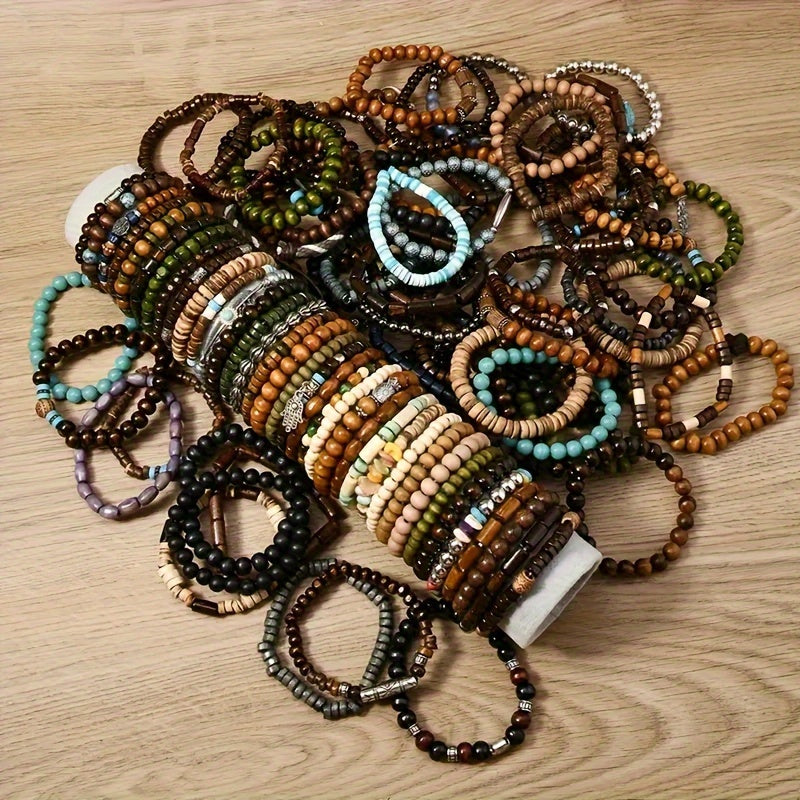 Boho Wooden Beaded Bracelet Set 36 Pack Bulk – Handmade Assorted Vintage Style with Zinc Alloy Charms for Women Men Teens, Bulk Jewelry for Gifts Party Favors & Events