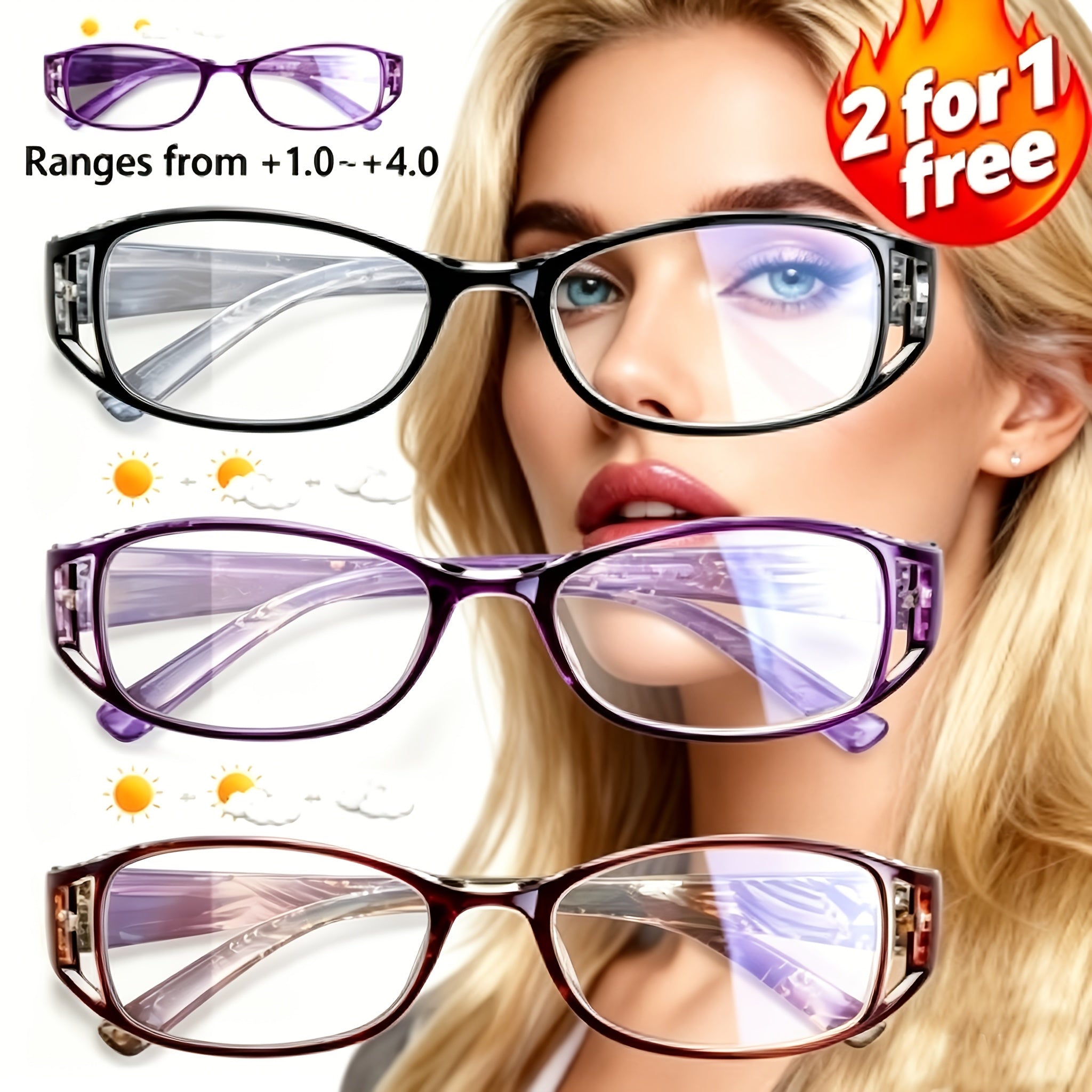 3-Pack Women's Reading Glasses Ultra-Light Flower Skeleton Frame – Stylish Ladies Presbyopia Readers Combo Set Strengths +1.00 to +4.00 Blue Purple Brown Black Gift for Women
