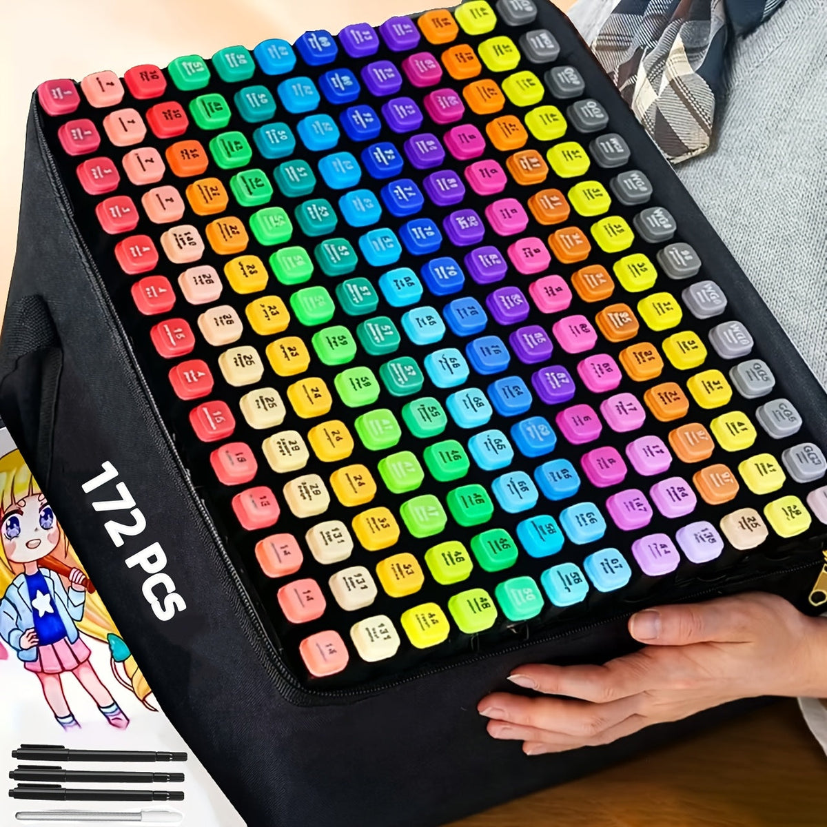 Dual Tip Alcohol Markers Set with Carrying Case 32 to 172 Colors – Professional Blendable Alcohol Ink Markers for Drawing Sketching Card Making Illustration Adult Coloring – Brush and Fine Tip Artist Markers