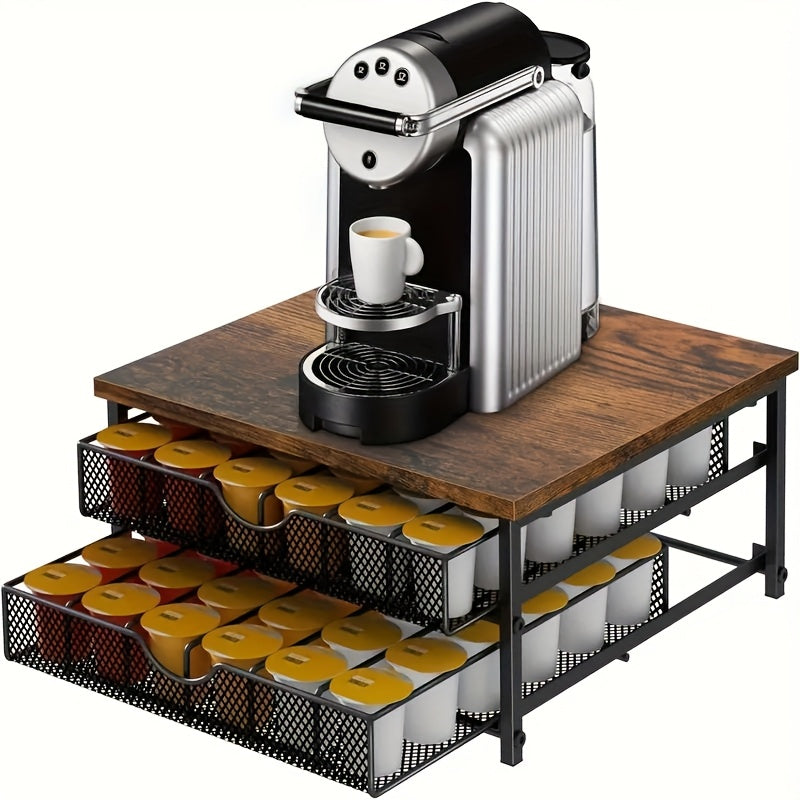 K-Cup Coffee Pod Holder Counter Storage Sliding Drawer Organizer Keurig Nespresso Capsules Double Layer 48 Pod Capacity Kitchen Countertop Coffee Station Brown