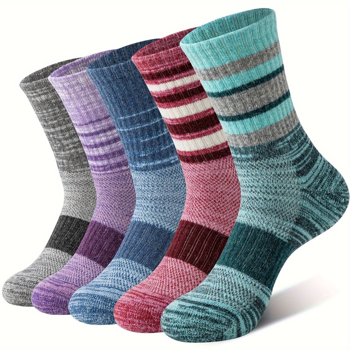 5 Pairs Merino Wool Hiking Socks for Men & Women – Compression Support, Thick Cushion, Sweat-Absorbing Breathable Outdoor Socks – Multicolor & Dark Colors, Sizes M & L